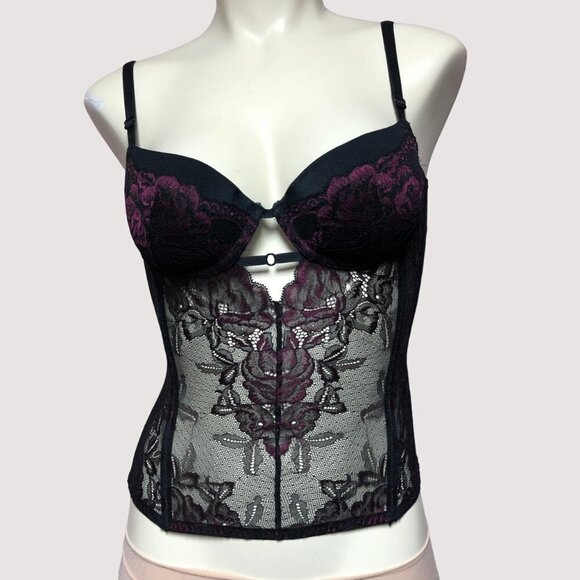 LA Senza Black & Burgundy Lace Corset Merrywidow Size Small - Picture 1 of 11